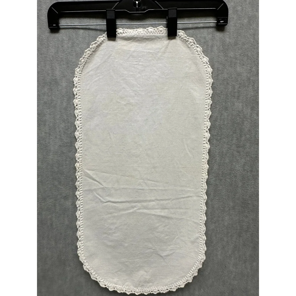 Vintage Cotton Doily Table Runner Off-White Oval Lace Trim Crocheted 33